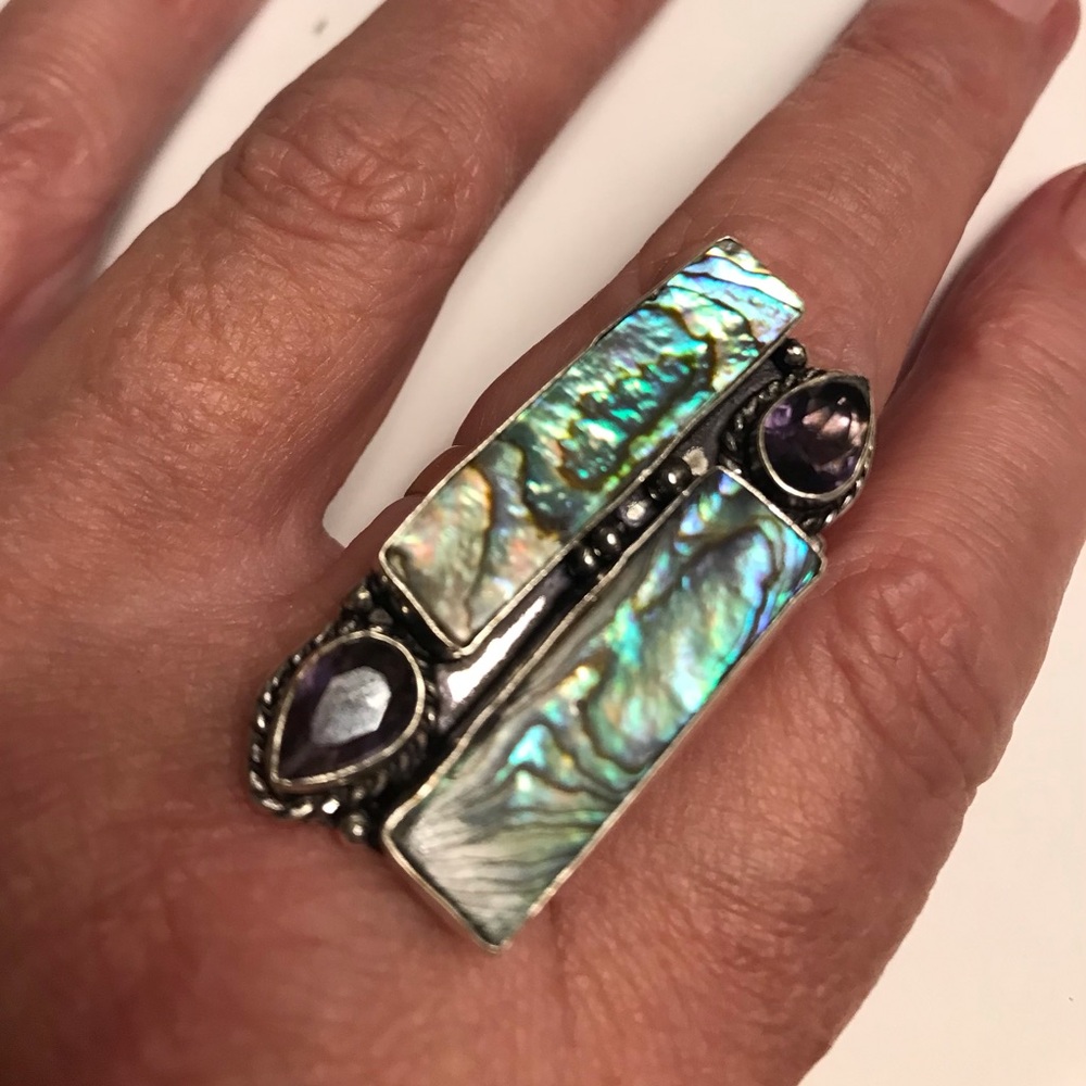 Abalone Amethyst Stamped 925 Sterling Silver Ring